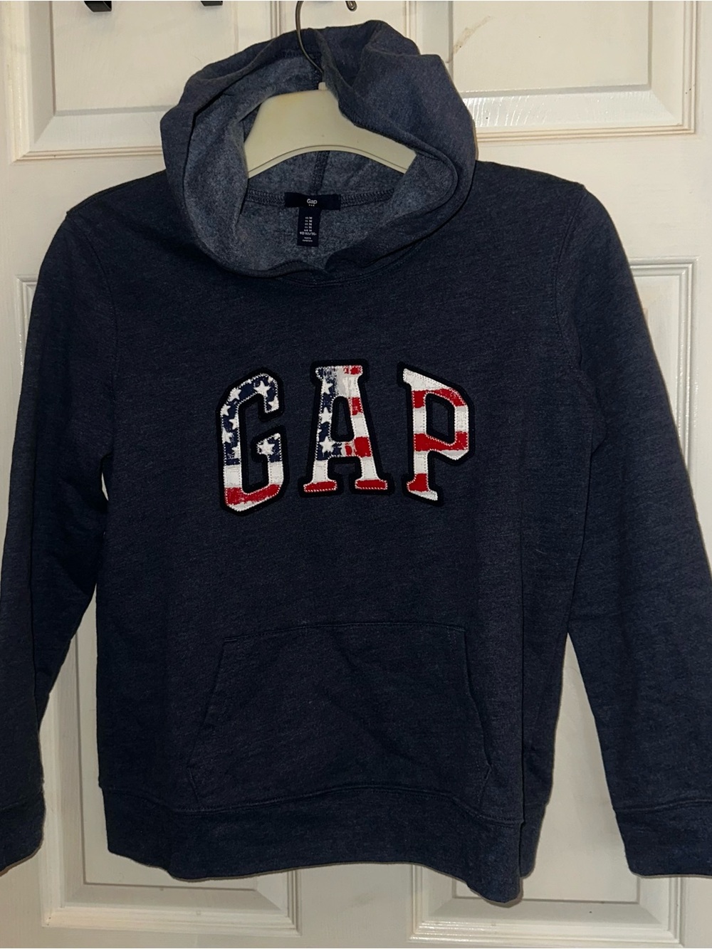 GAP Women's Navy Hoodie Sweatshirt with American Flag Logo